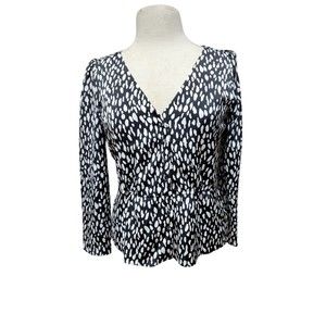 J. Crew Black & White Animal Print Satin Crepe Peplum Top Blouse